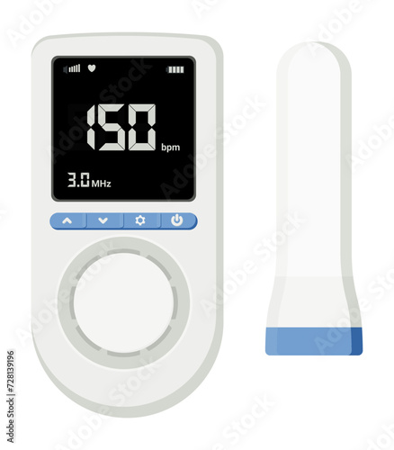 Medical equipment, Doppler Fetal heart ultrasonic detectors, handheld devices, use sound waves to detect the heartbeat of a developing fetus. Flat design