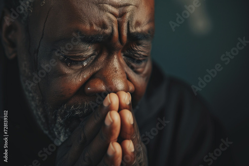 Mourning Elderly Man Praying and Crying, African American Senior with Tears Pleading and Praying to God © Simn