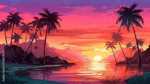 wallpaper sunset beach with palm tree retro color © skizophobia