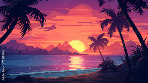 wallpaper sunset beach with palm tree retro color