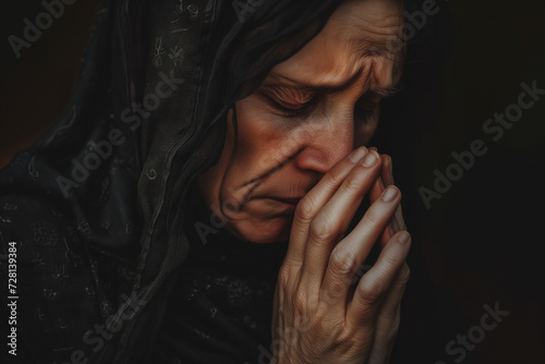 Woman in mourning praying and crying, mother and widow praying with a heartbreaking sob