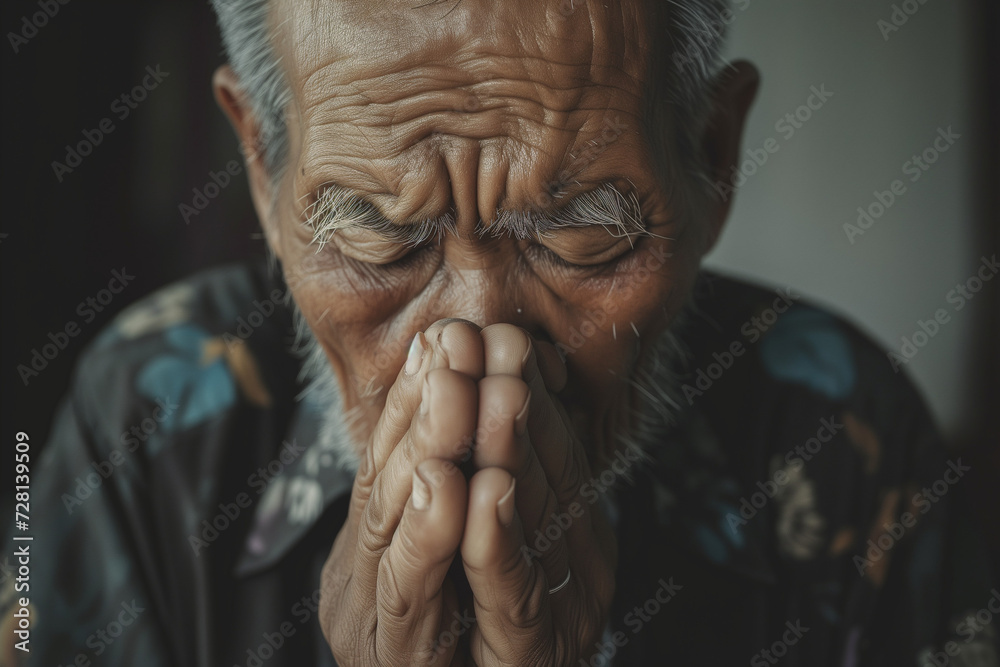 Mourning Elderly Man Praying and Crying, Asian Senior Seeking Forgiveness in His Prayers