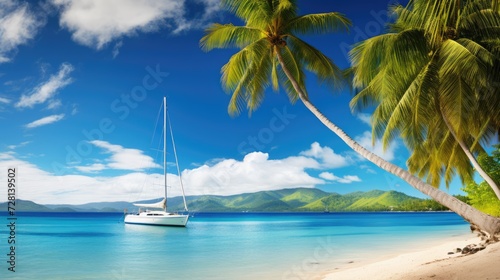 Beach with palm trees and a luxury yacht on the sea. Sunny day in tropical paradise. Beautiful bay view. AI Generated 