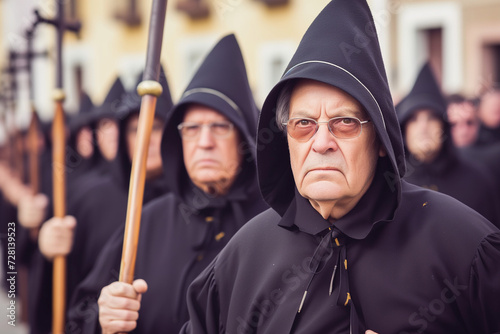 Nazarene with Black Hood in Holy Week Processions, Group of Elderly Individuals Prepared for Holy Saturday