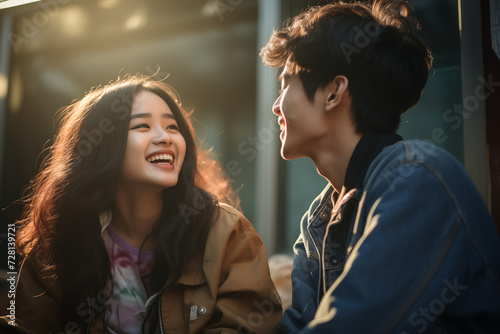 young asian couple outdoors laughing smiling happy teenagers girl boy friends city near building casual jacket denim soft colors sunlight complicity bond love friendship enjoying cheerful upbeat photo