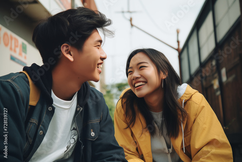 asian friends outdoors couple laughing happy young teenagers street of a city casual clothes jacket shirt girl boy smiling soft colors complicity bond love friendship friends enjoying cheerful  photo