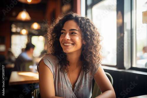 young hispanic woman in a restaurant bar smiling latina happy joyful blouse profile white teeth curly hair bokeh background lights tables window bright pretty beautiful twenties tanned  photo