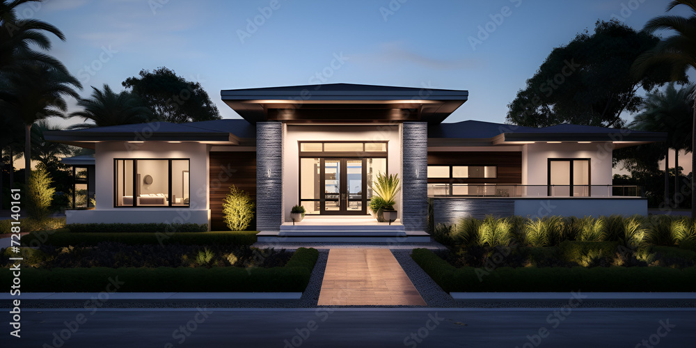 3d rendering of modern cozy house with garage and pool for sale or rent with beautiful landscaping on background. Clear summer evening with golden light from window. - obrazy, fototapety, plakaty 