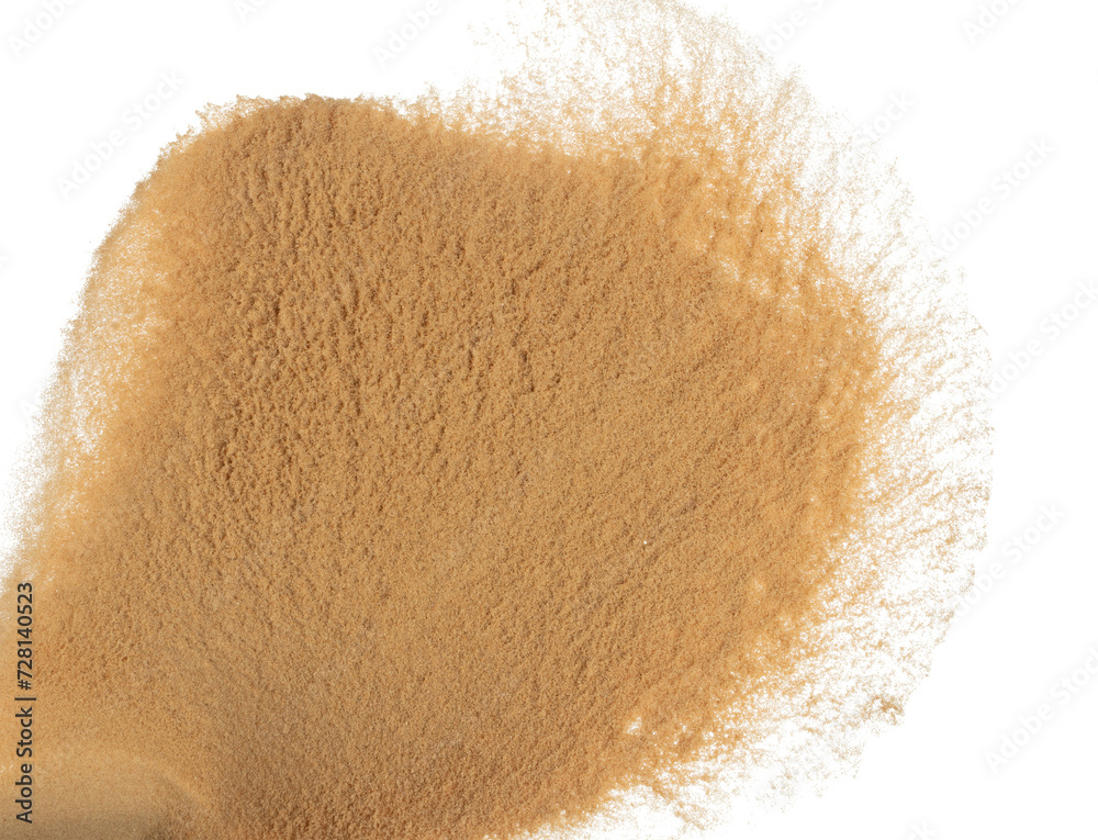 Sand flying explosion, Golden grain wave explode. Abstract cloud fly. Yellow colored sand splash throwing in Air. White background Isolated high speed shutter, throwing freeze stop motion