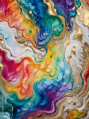 Pride colours Abstract: Rainbow-Colored Paint Background with Watercolour Stone Marble Texture - Modern Ink Pattern, Gold, Glitter, LGBT+ Design, Background, Wallpaper