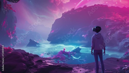 Teenager in virtual reality headset standing in an alien landscape with glowing plants and a surreal purple sky photo