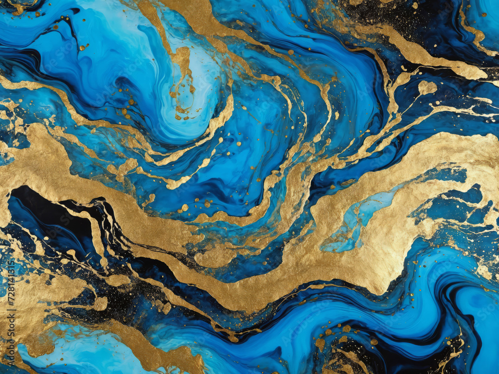 Fototapeta Abstract Background: Watercolour Stone Texture, Luxury Liquid, Marble - Modern Ink Pattern with Gold, Ocean Glitter, Black Design, Design, Wallpaper, Background