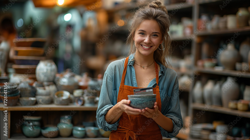 Woman Holding a Bowl in a Store