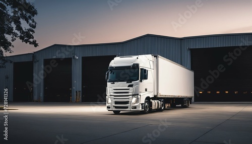 Sunset at the logistics center: White truck parked outside an industrial building