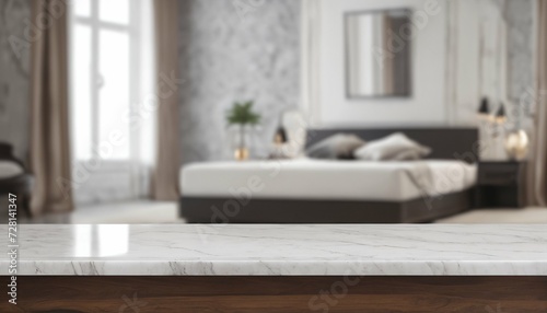 Empty marble stone table in a blurred bedroom interior  ideal for product displays or design layouts