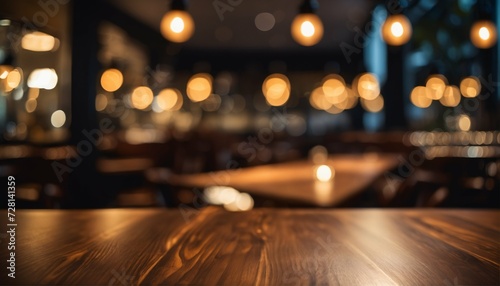 Empty wooden table top with a background of blurred golden bokeh in a dimly lit cafe restaurant