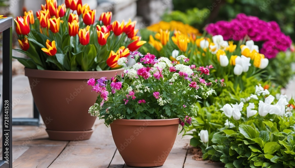 Vibrant spring and summer flowers in pots on patio, colorful banner display