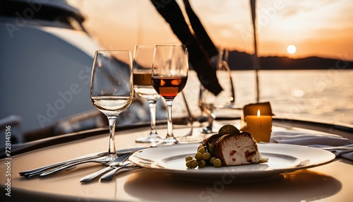 Sunset dining on a motor yacht, elegant table setup for a romantic meal photo