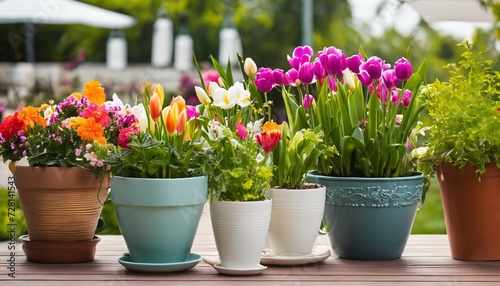 Colorful spring and summer flower variety in patio pots, perfect for banner settings © ibreakstock