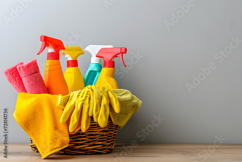 Wicker basket with yellow plastic spray detergent bottle, cleaning cloth and gloves on gray background. Spring cleaning concept and eco-friendly, zero waste products. Design for banner, poster