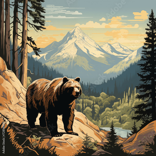 illustration of a bear in the mountains and forest in the style of popup art or national park postcard, poster, or sticker