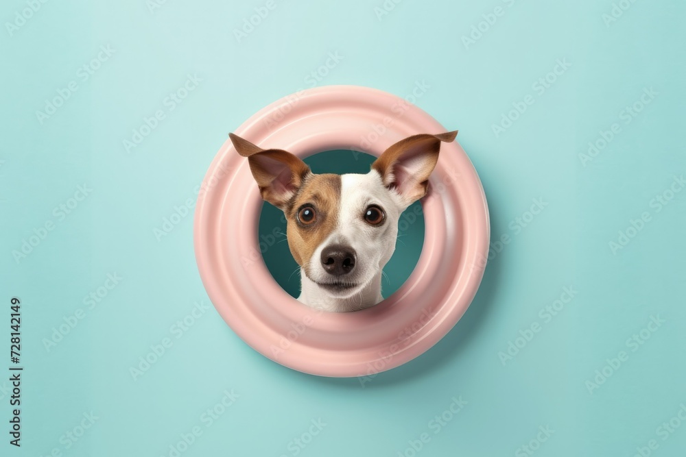 a dog looking up close in surprise through a hole in wall a dog looking up close in surprise through a hole in wall