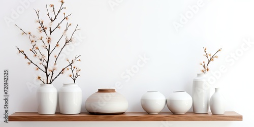 Contemporary Scandinavian home decor with wooden furniture, ceramic vases, and personal accessories. White walls with empty space.