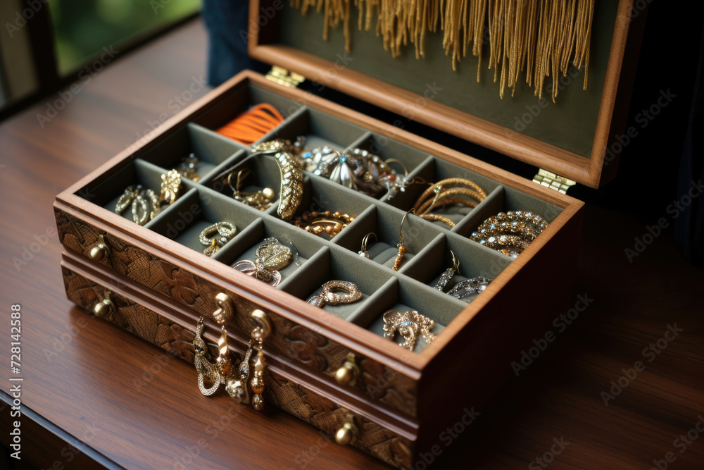 Jewelry woman box wooden pearl treasure luxury necklace beauty elegance gold background chest