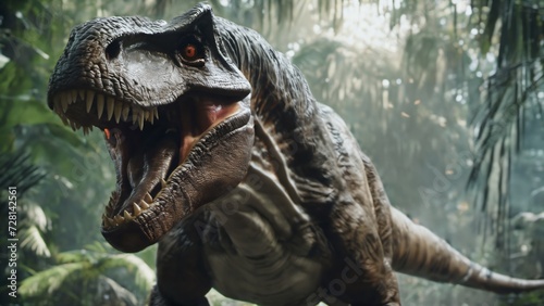 Le T-Rex rugit, une force furieuse de l'ère préhistorique. Ses yeux flamboyants expriment une rage inarrêtable, déchirant l'air de sa fureur primitive, une démonstration terrifiante de sa puissance. photo