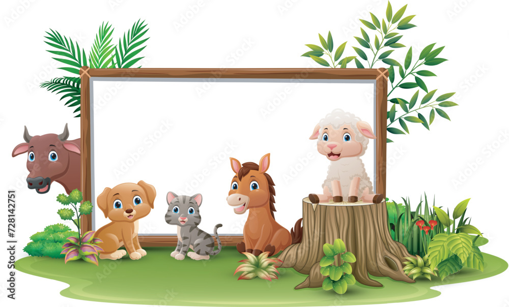 Fototapeta premium Cute wild animals cartoon with blank board