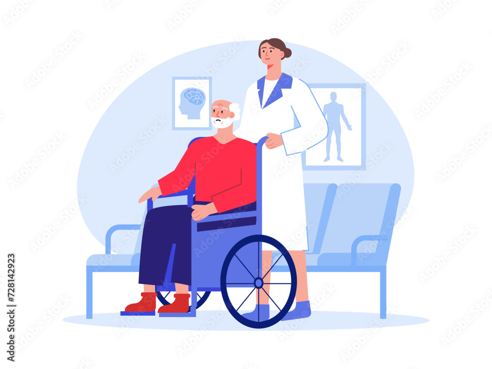 Nurse helping handicapped man. Nursing home vector illustration. Nurse helping handicapped man. Nursing home vector illustration.