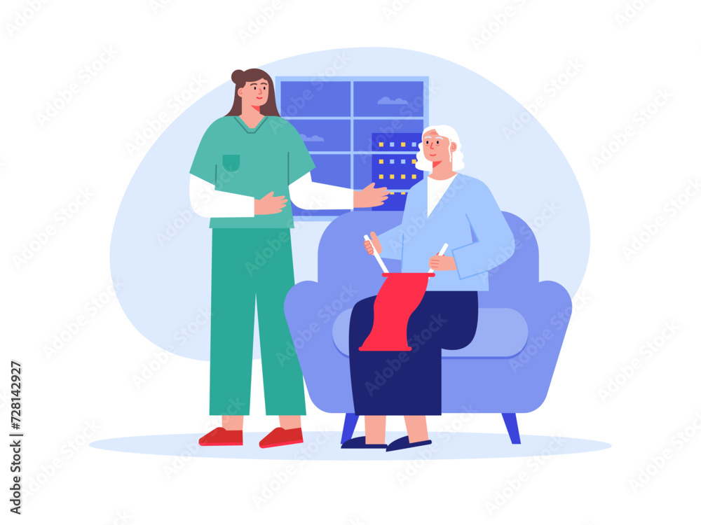 Nurse taking care of aged woman. Nursing home vector illustration.