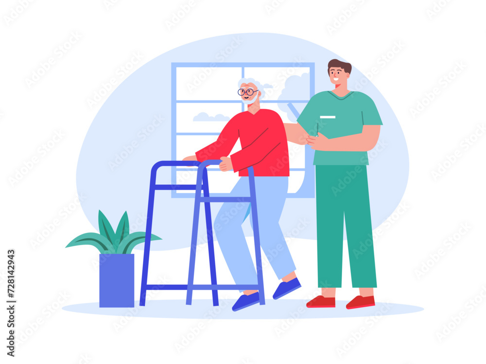 Male nurse helping aged man. Nursing home vector illustration. Male nurse helping aged man. Nursing home vector illustration.
