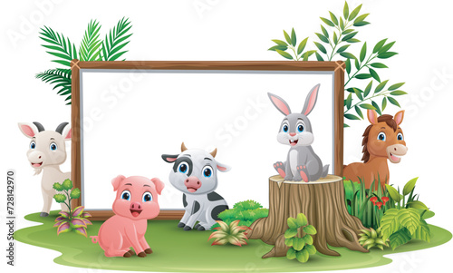 Cute wild animals cartoon with blank board