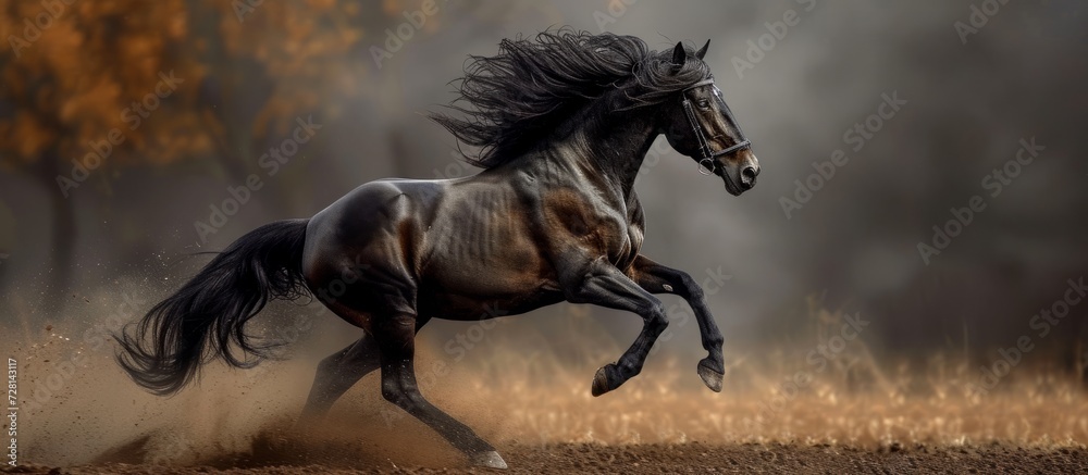 Intense Motion: The Majestic Black Frisian Horse Gallops with Grace and Power in this Image Intense Motion: The Majestic Black Frisian Horse Gallops with Grace and Power in this Image