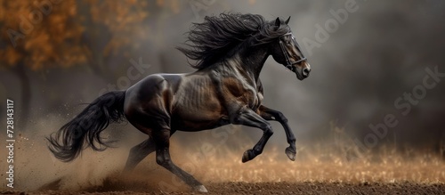 Intense Motion: The Majestic Black Frisian Horse Gallops with Grace and Power in this Image