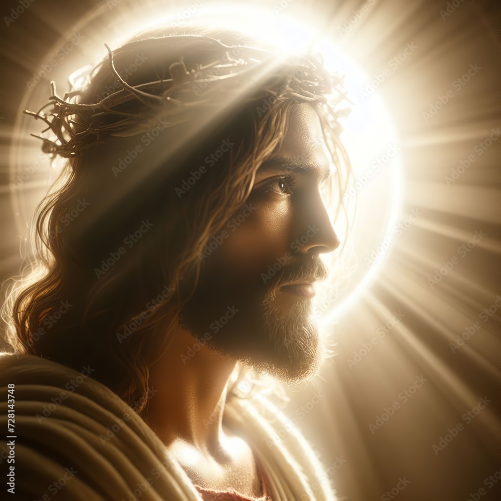 Jesus Christ with crown of thorns on his head and rays of light 