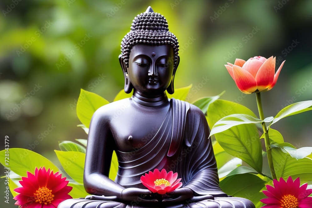 Buddha statue in a garden with flowers
