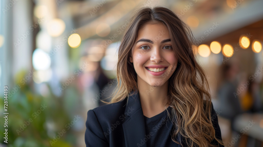 Smiling Woman With Long Hair and Black Blazer