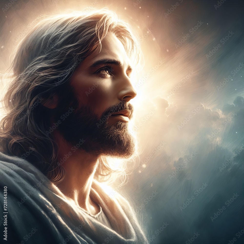 Portrait of Jesus Christ with light rays coming from behind him. 