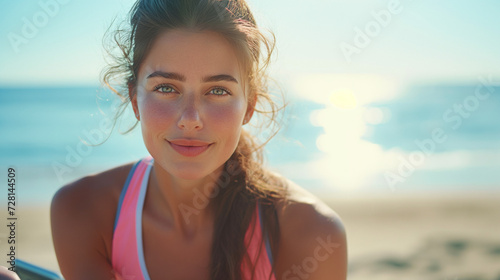 Beautiful Young Woman in Pink Bikini Holding Cell Phone