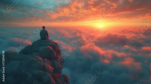 a man sits on a mountain with a view of clouds and sunset. daydreaming, confusion, stress, anxiety, future, success photo