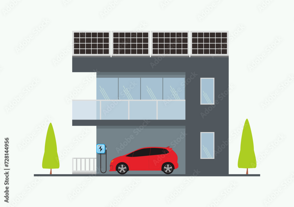 Green energy and eco friendly modern house. Solar panel for power source, electric vehicle fast charging facility. Flat vector illustration.