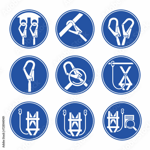 Set of icons of industrial safety rule and standard for working at height. Personal protective equipment, gear, and inspection symbol.