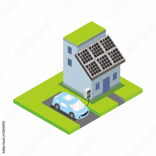 Isometric view of modern urban house design with solar panel module on the roof for green energy smart concept and electric vehicle park for recharge. Vector illustration