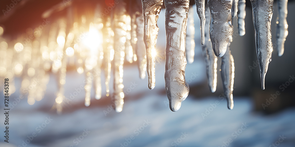 Close up of an Icicle hanging from a tree in Winter. Blurred natural background winter icicles on the sun dawn.