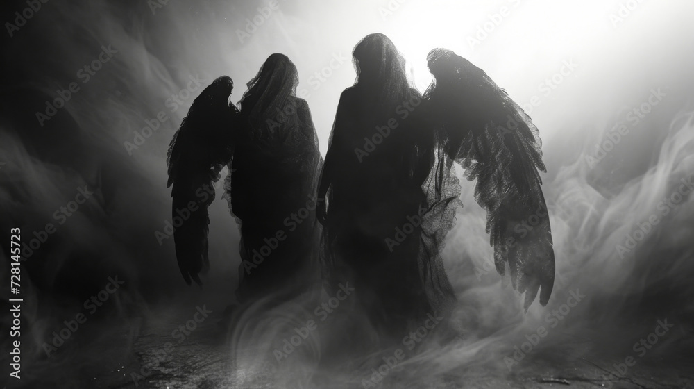 A trio of darker angels their silhouettes ly visible in the murky shadows whispering secrets to one another as they journey through the mysterious realm.