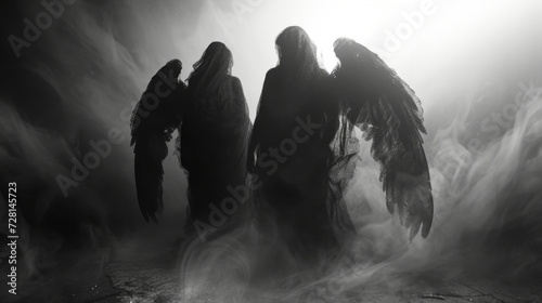 A trio of darker angels their silhouettes ly visible in the murky shadows whispering secrets to one another as they journey through the mysterious realm.