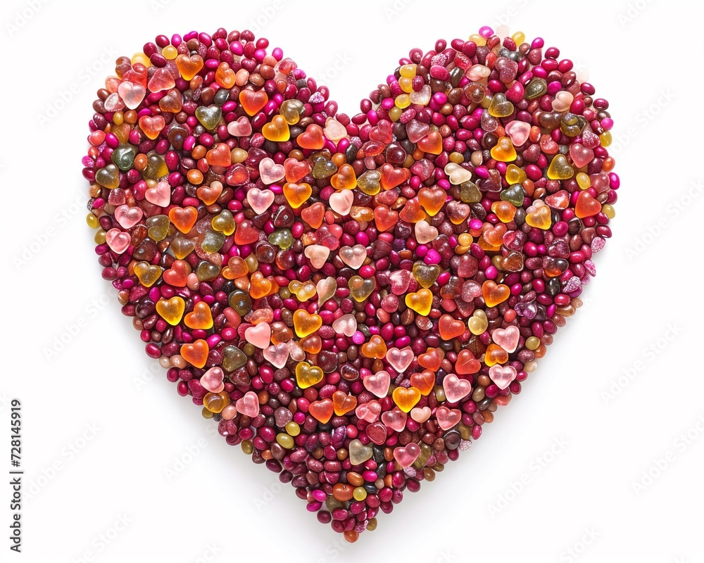3d large heart made up of colorful candy beans isolated on white.