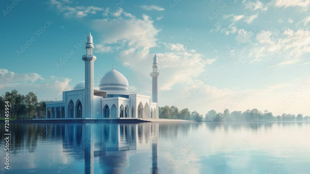 Mosque with a lake with a modern minimalist design. Can be used as a Ramadan background. timelapse Mosque with a lake with a modern minimalist design. Can be used as a Ramadan background. timelapse